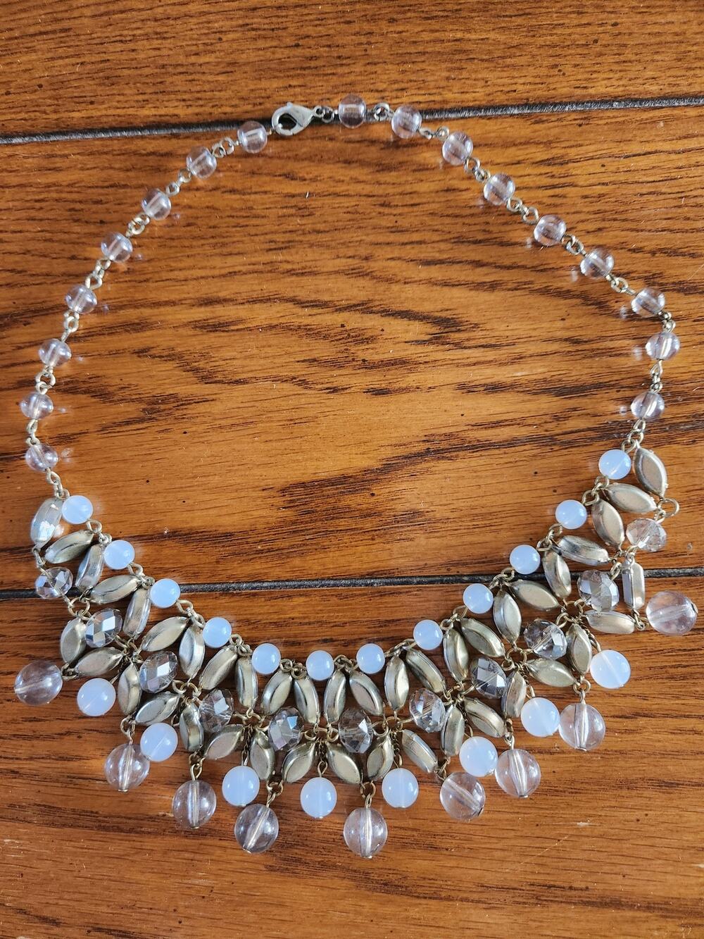Statement Bib Necklace Gold Tone Crystal Beaded Opalescent Fringe Collar